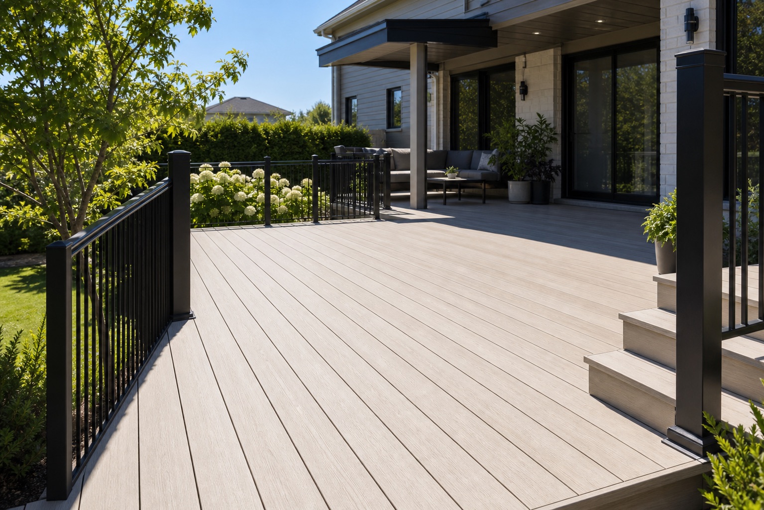 Patio en composite pâle avec rampe en aluminium noir sous le soleil d’été